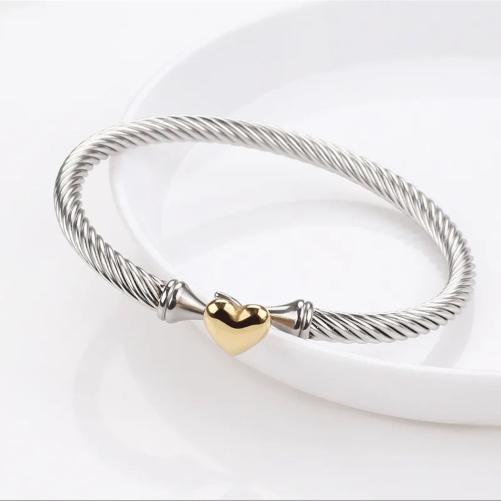 Two Tone Twisted Cable Heart Bangle Bracelet